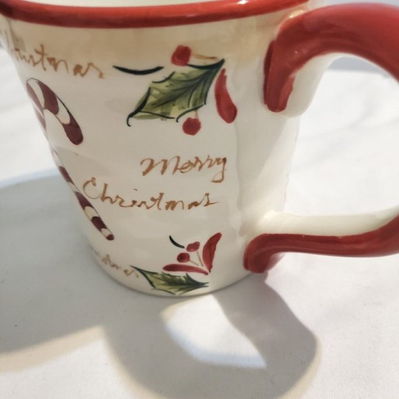 Christms Mug Candy Canes Pointsetta Gold MerryChristmas Red Rim Trim 4.75"H 4.5W - Picture 6 of 7